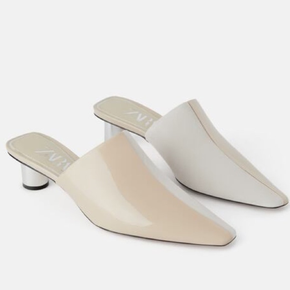 Zara LEATHER Low Metal HEEL MULES White/Beige NEW